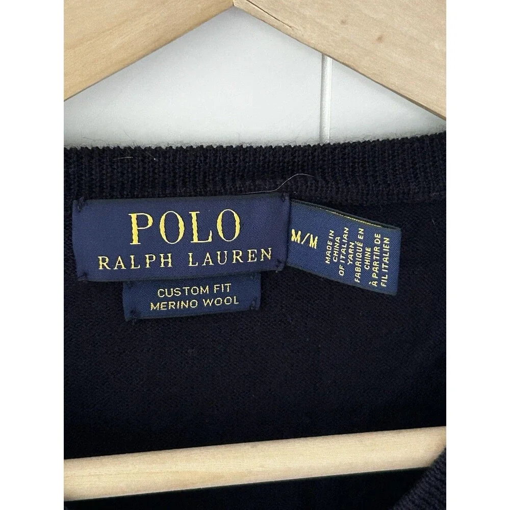 Polo Ralph Lauren Merino Wool Sweater Size Medium V-Neck Navy Blue Red Logo Men'